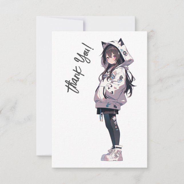 Anime Neko Kawaii Girl Character Thank You Card (Front)