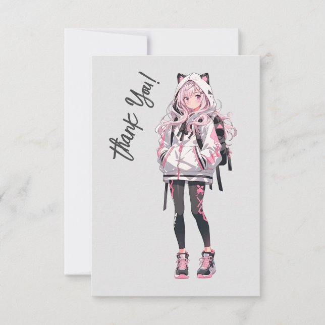 Anime Neko Kawaii Girl Character Thank You Card (Front)