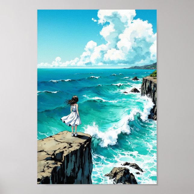 Anime Ocean Cliff Breeze Wall Art (Front)