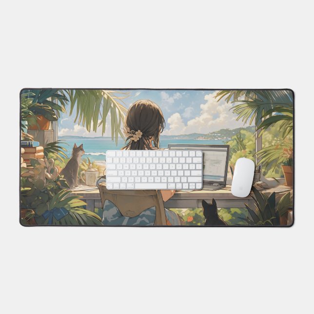  Anime office by the sea Desk Mat (Keyboard & Mouse)