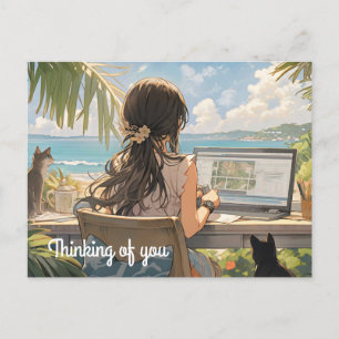 Anime office by the sea postcard