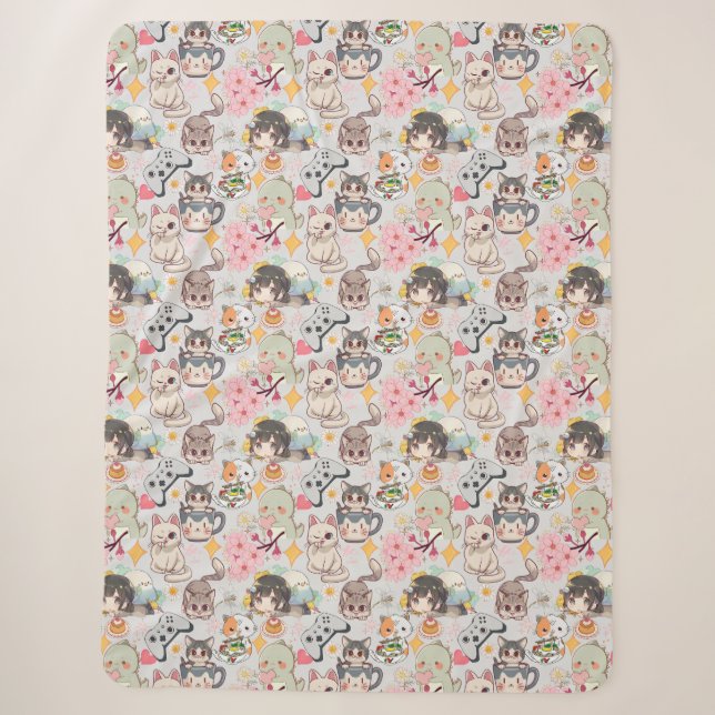 Anime Overload Cute Pattern L Grey Sherpa Blanket (Front)