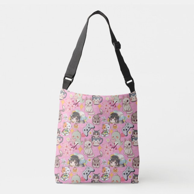 Anime Overload Cute Pattern L Pink BG Crossbody Bag (Front)