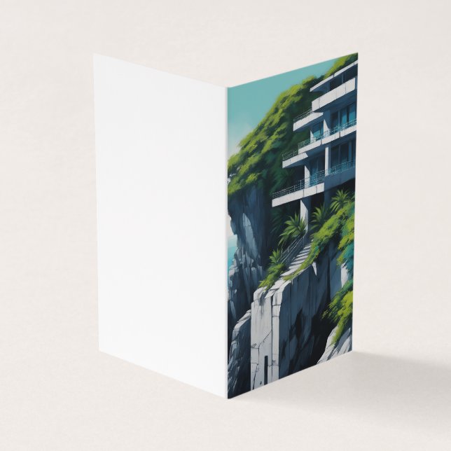 Anime painting, grey concrete structure on a cliff business card (Outside)