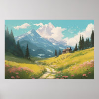 Anime painting winding path farm meadow mountains