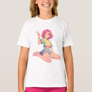 Anime Peace Sign – Cute pink hair Anime Girl Kids T-Shirt