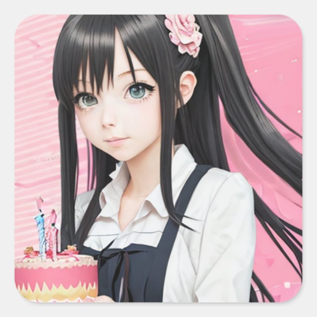 Anime Pink and Black Birthday Girl and Cake Square Sticker (Front)