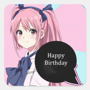 Anime Pink and Black Birthday Girl Square Sticker