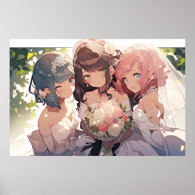 Anime polyamorous lesbian triad wedding poster (Front)