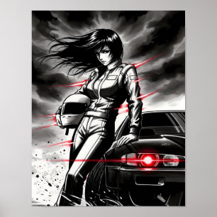 Anime Racing Storm - Female Street Racer in Sumi-e Poster