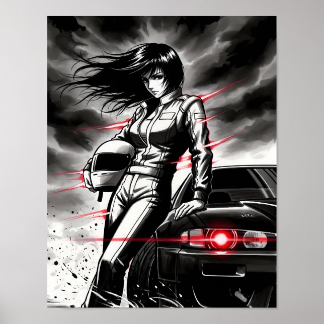 Anime Racing Storm - Female Street Racer in Sumi-e Poster (Front)