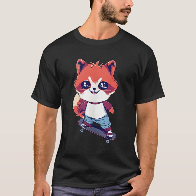 Anime Red Panda Skateboarding Skater T-Shirt (Front)