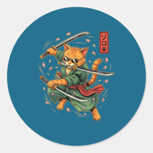 Anime Samurai Cat Three Swords Japanese Style Art Classic Round Sticker