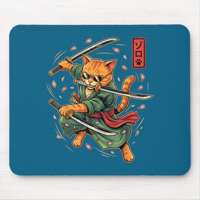 Anime Samurai Cat Three Swords Japanese Style Art  Mouse Mat (Front)