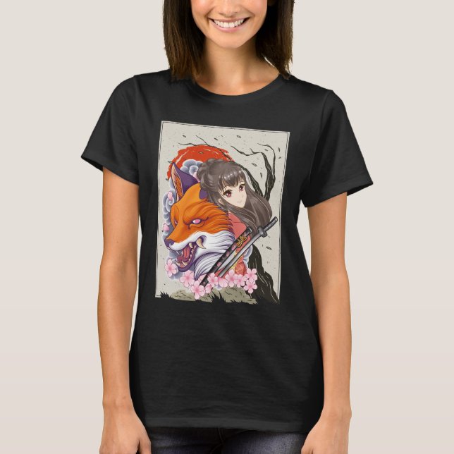 Anime Samurai Fox Otaku Japanese Girl T-Shirt (Front)