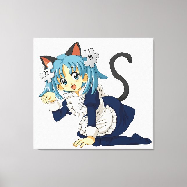 Anime Schoolgirl Cat on her Knees in Maid Dress Canvas Print (Front)