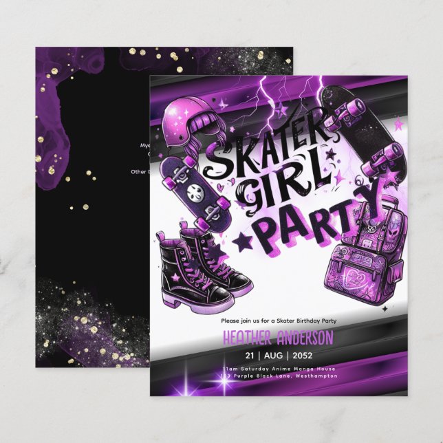 Anime Skater Girl Birthday Party Skateboarding (Front/Back)