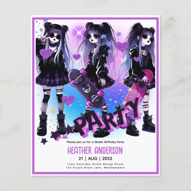 Anime Skater Girl Birthday Party Skateboarding (Front)