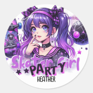 Anime Skater Girl Birthday Party Skateboarding Classic Round Sticker