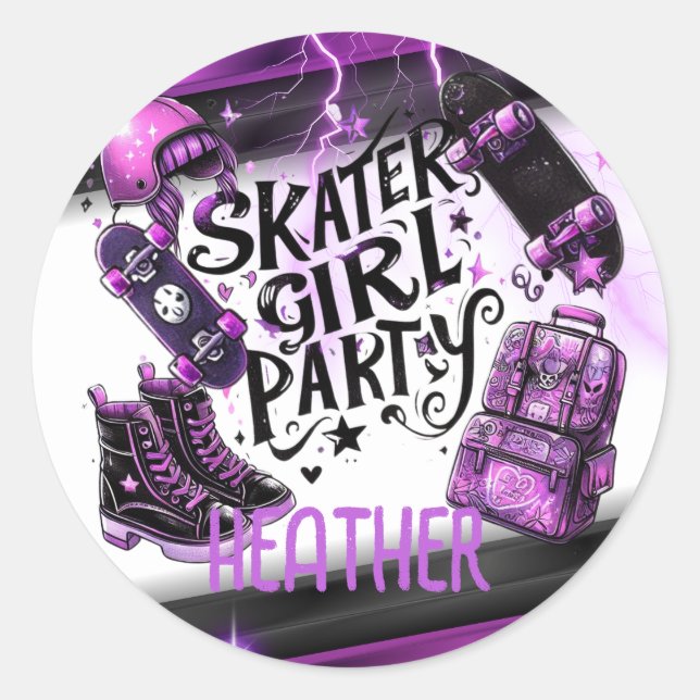 Anime Skater Girl Birthday Party Skateboarding Classic Round Sticker (Front)