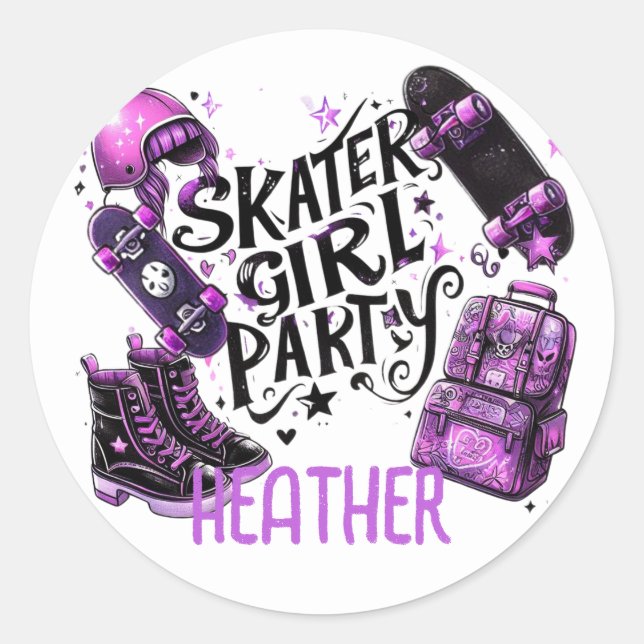 Anime Skater Girl Birthday Party Skateboarding Classic Round Sticker (Front)