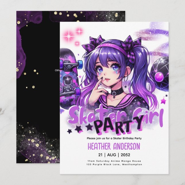 Anime Skater Girl Birthday Party Skateboarding Invitation (Front/Back)