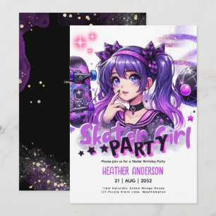 Anime Skater Girl Birthday Party Skateboarding Invitation