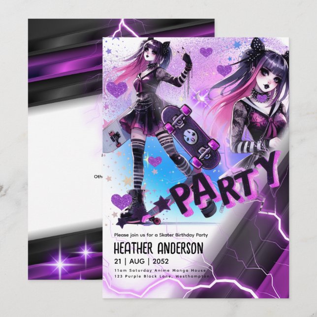 Anime Skater Girl Birthday Party Skateboarding Invitation (Front/Back)