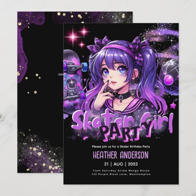Anime Skater Girl Birthday Party Skateboarding Invitation (Front/Back)
