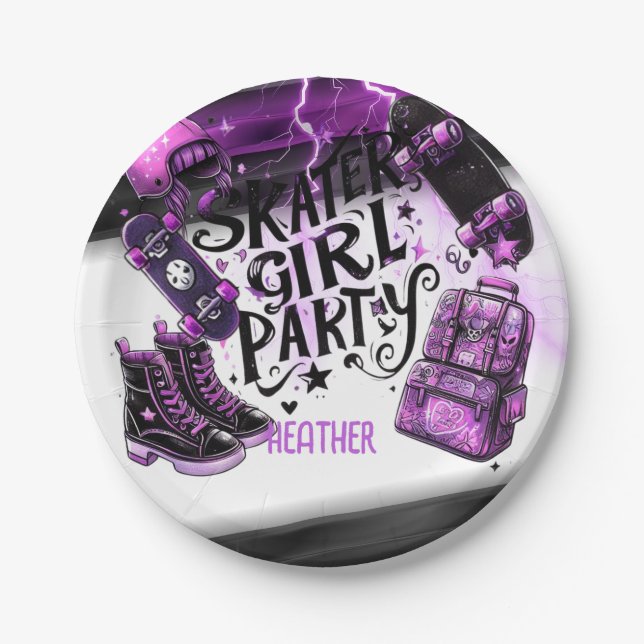 Anime Skater Girl Birthday Party Skateboarding Paper Plate (Front)