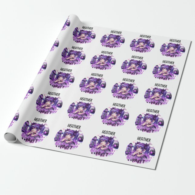 Anime Skater Girl Birthday Party Skateboarding Wrapping Paper (Unrolled)