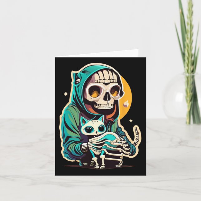 Anime Skeleton Holding A Cat Shirt Lazy Halloween  Card (Front)