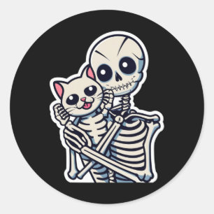 Anime Skeleton Holding A Cat Shirt Lazy Halloween Classic Round Sticker