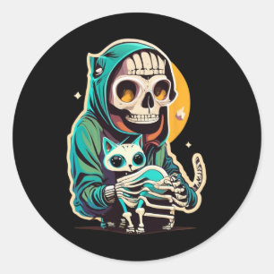 Anime Skeleton Holding A Cat Shirt Lazy Halloween  Classic Round Sticker