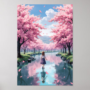 Anime Spring Blossom River Wall Art