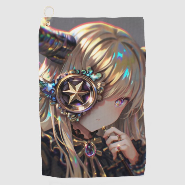 Anime Steampunk Horned Beauty with Star Monocle Golf Towel (Front)