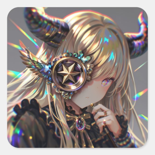 Anime Steampunk Horned Beauty with Star Monocle Square Sticker (Front)