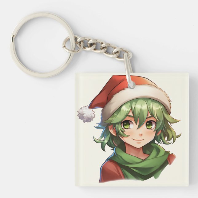 Anime Style Christmas Elf Portrait Key Ring (Front)