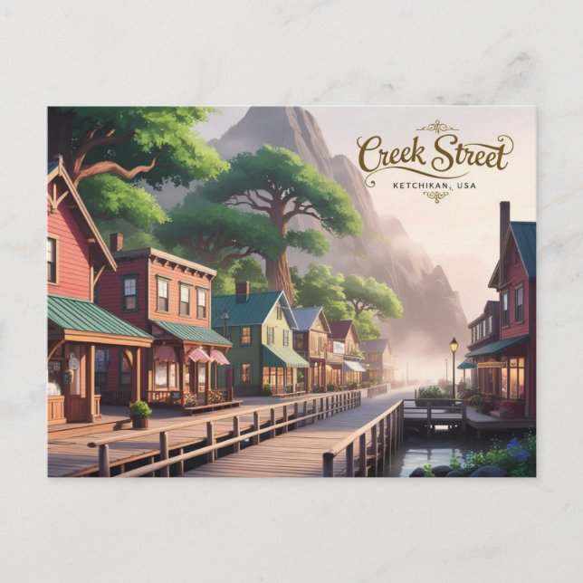 Anime Style Creek Street, Ketchikan, Alaska Postcard (Front)