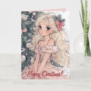 Anime-style Girl and Christmas Tree Card