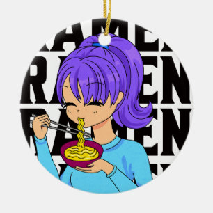 Anime style girl eating Noodles black text Ceramic Tree Decoration