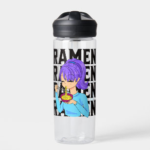 Anime style girl eating Noodles black text Water Bottle