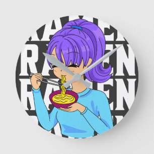 Anime style girl eating Noodles Round Clock