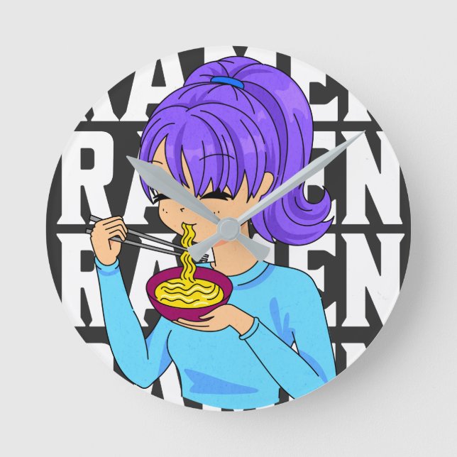 Anime style girl eating Noodles Round Clock (Front)