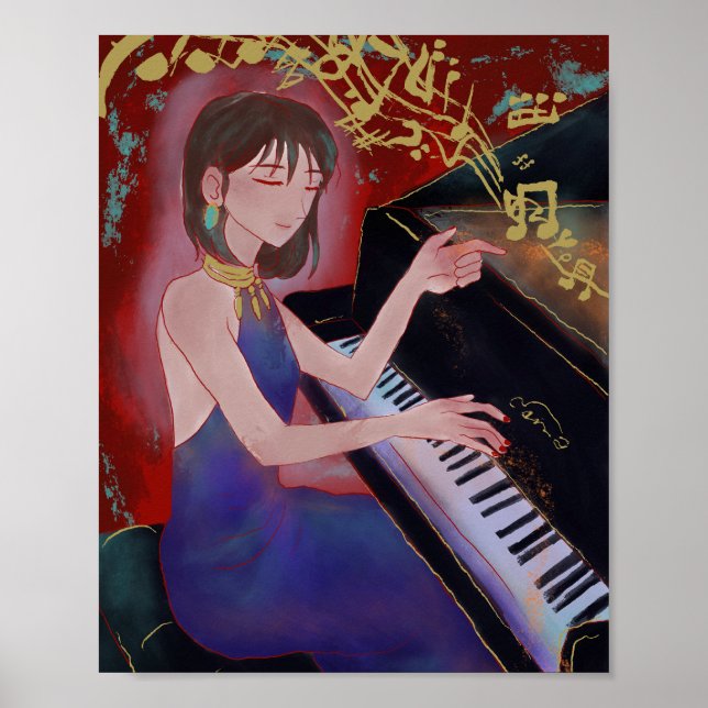 Anime-style Girl Playing Piano Poster  (Front)
