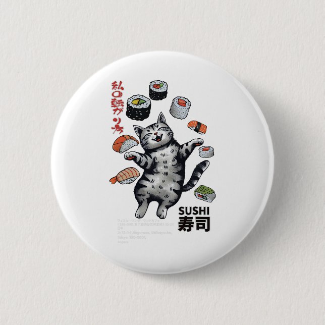 Anime-style Sushi Cat Harajuku Tokyo Japan Cat Caf 6 Cm Round Badge (Front)
