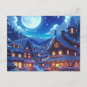 Anime Style Winter Village Snowy Night Scene Postcard
