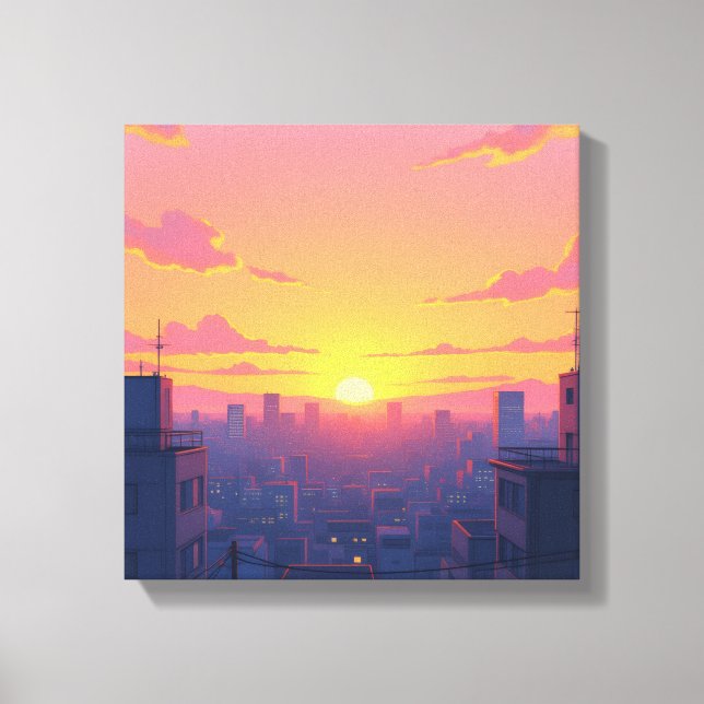 Anime Sunset Cityscape Stretched Canvas Print (Front)