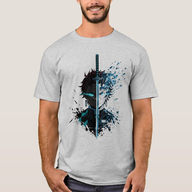 Anime Sword Split Face Warrior – Blue Energy Demon T-Shirt (Front)