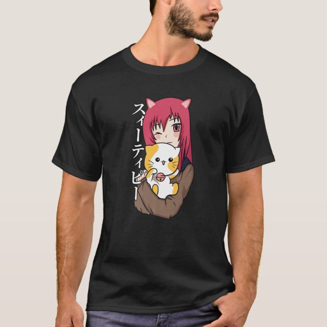 Anime Teen Girl - Cat Lover - Japanese Culture Art T-Shirt (Front)